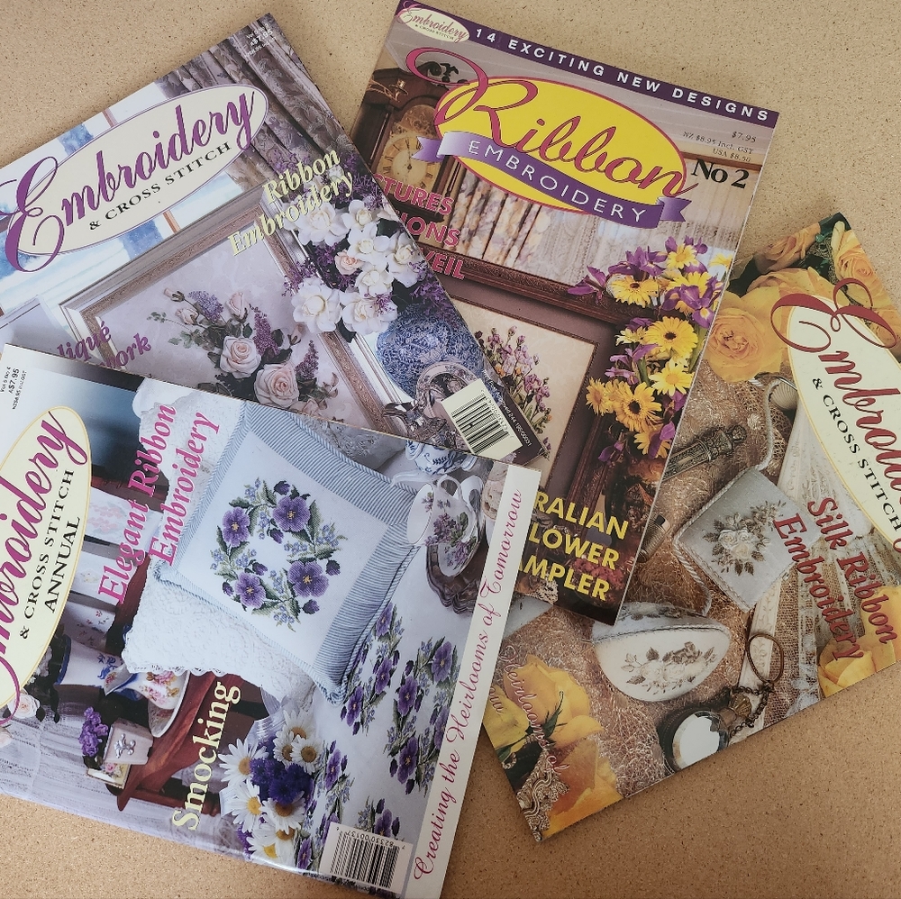 Lot of 4 Embroidery & Cross Stitch - RIBBON Embroidery, Smocking and more